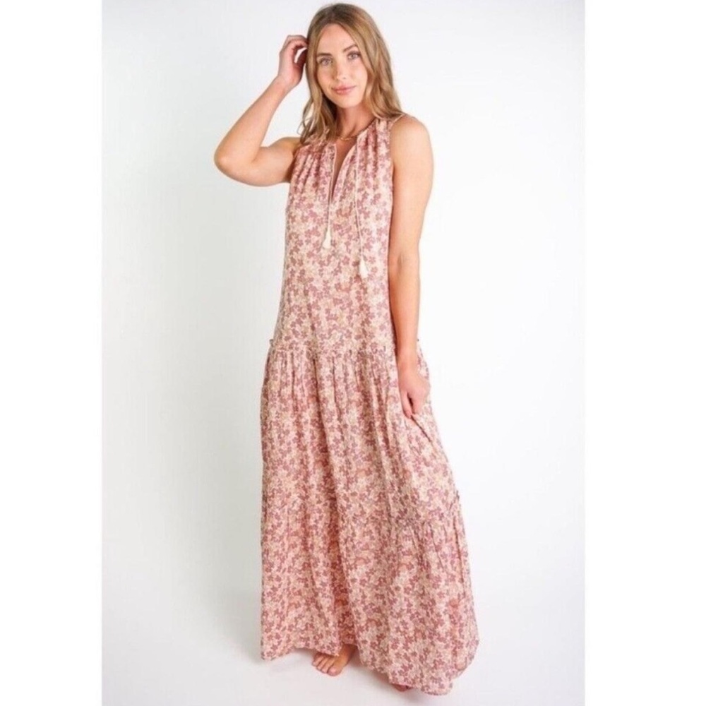 Faherty Pink and White Ruffled Tiered Maxi Dress